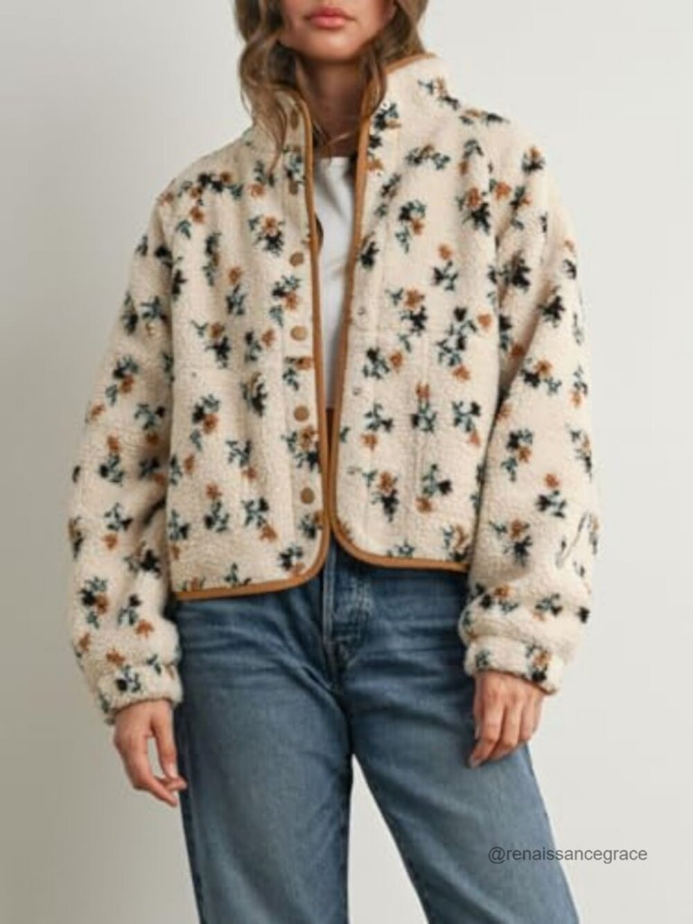 Women's Floral Print Fleece Jacket Snap Button Winter Teddy Cozy Casual - Picture 4 of 7